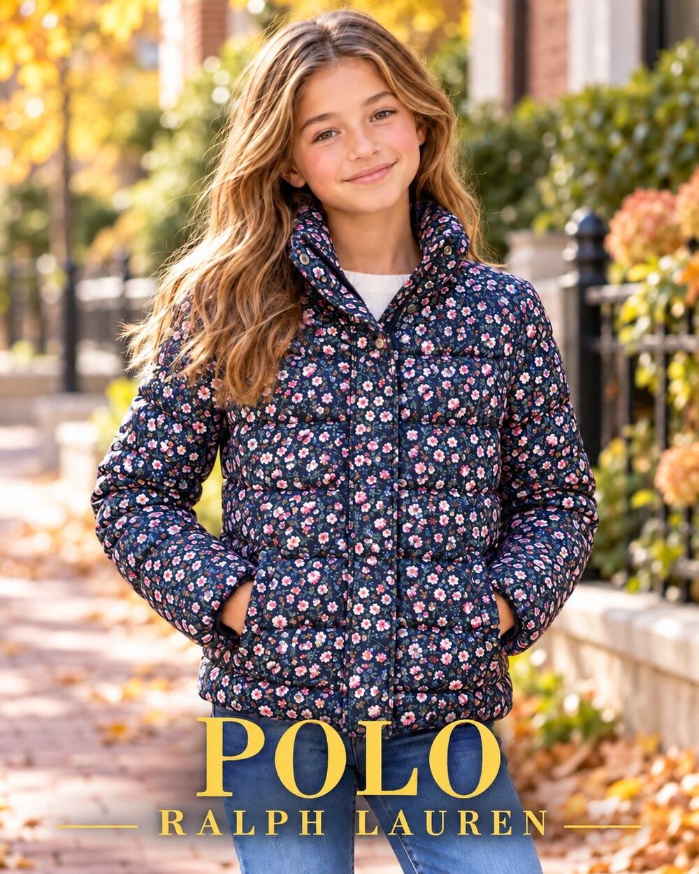 POLO RALPH LAUREN GIRLS FLORAL PUFFER JACKET SIZE L 12-14 NAVY QUILTED COAT